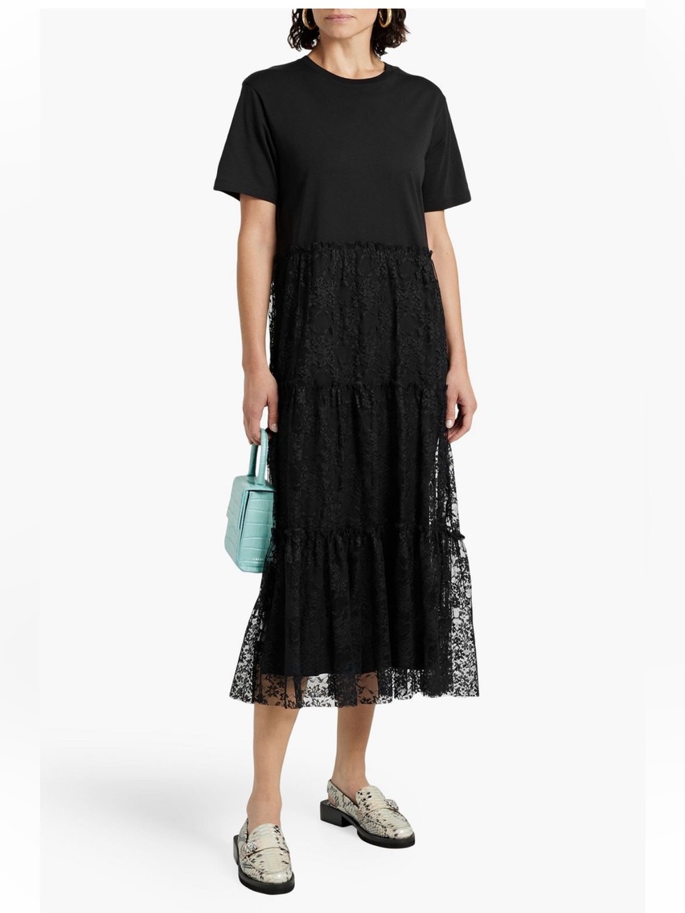 RED Valentino Black Lace-Panel Tiered Midi Skirt Dress